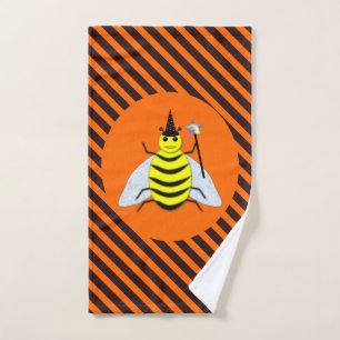 Halloween Magic Bee Witch Orange and Black Stripes Bath Towel Set