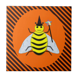 Halloween magic Bee Witch Orange and Black Stripes Ceramic Tile