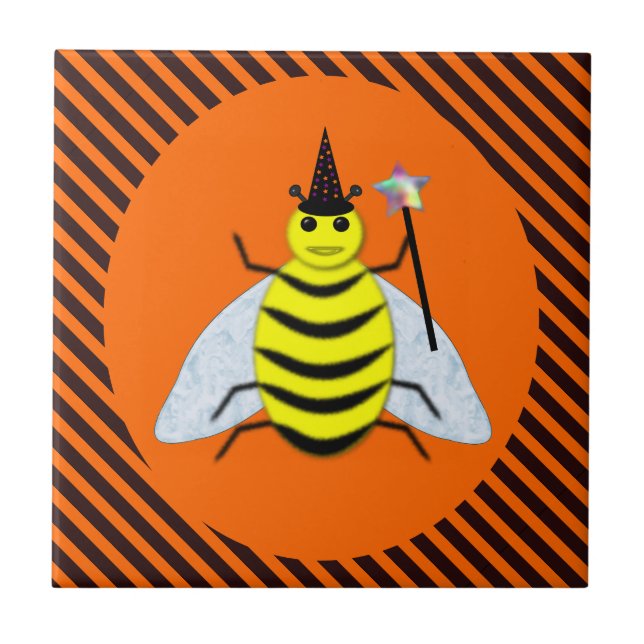 Halloween magic Bee Witch Orange and Black Stripes Ceramic Tile (Front)