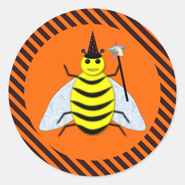 Halloween Magic Bee Witch Orange and Black Stripes Classic Round Sticker (Front)