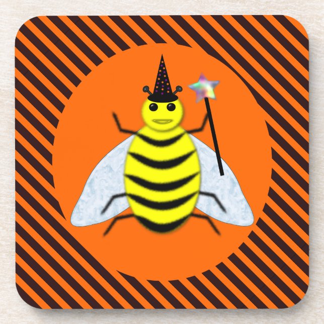 Halloween Magic Bee Witch orange and Black Stripes Coaster (Front)