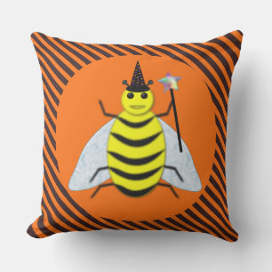 Halloween Magic Bee Witch Orange and Black Stripes Cushion