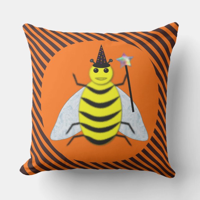 Halloween Magic Bee Witch Orange and Black Stripes Cushion (Front)