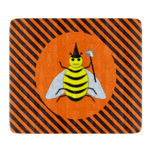 Halloween Magic Bee Witch Orange and Black Stripes Cutting Board