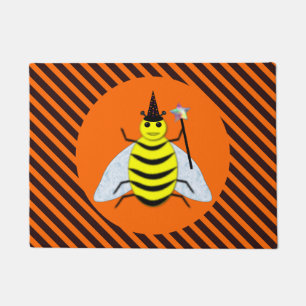 Halloween Magic Bee Witch Orange and Black Stripes Doormat
