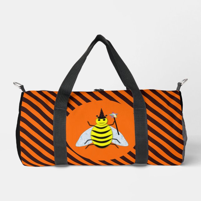 Halloween Magic Bee Witch orange and Black Stripes Duffle Bag (Front)