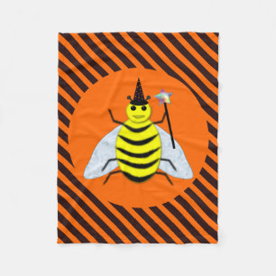 Halloween Magic Bee Witch Orange and Black Stripes Fleece Blanket