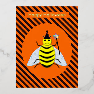 Halloween Magic Bee Witch Orange and Black Stripes Foil Holiday Postcard