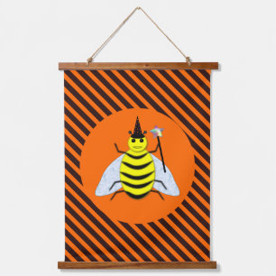Halloween Magic Bee Witch Orange and Black Stripes Hanging Tapestry