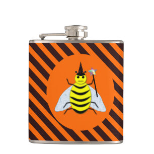 Halloween Magic Bee Witch Orange and Black Stripes Hip Flask