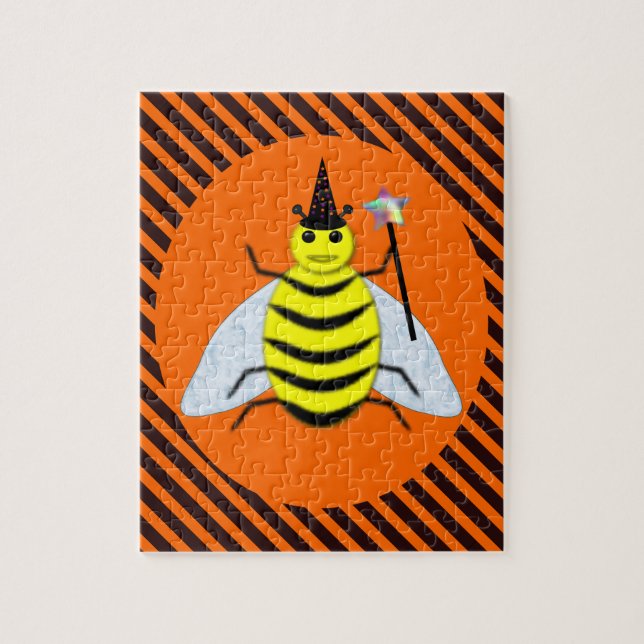 Halloween Magic Bee Witch Orange and Black Stripes Jigsaw Puzzle (Vertical)