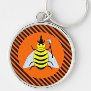 Halloween Magic Bee Witch Orange and Black Stripes Key Ring