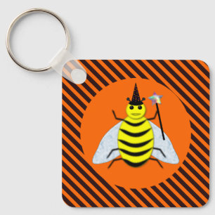 Halloween Magic Bee Witch Orange and Black Stripes Key Ring