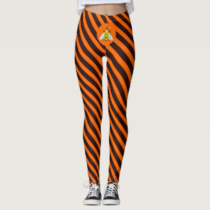 Halloween Magic Bee Witch Orange and Black Stripes Leggings