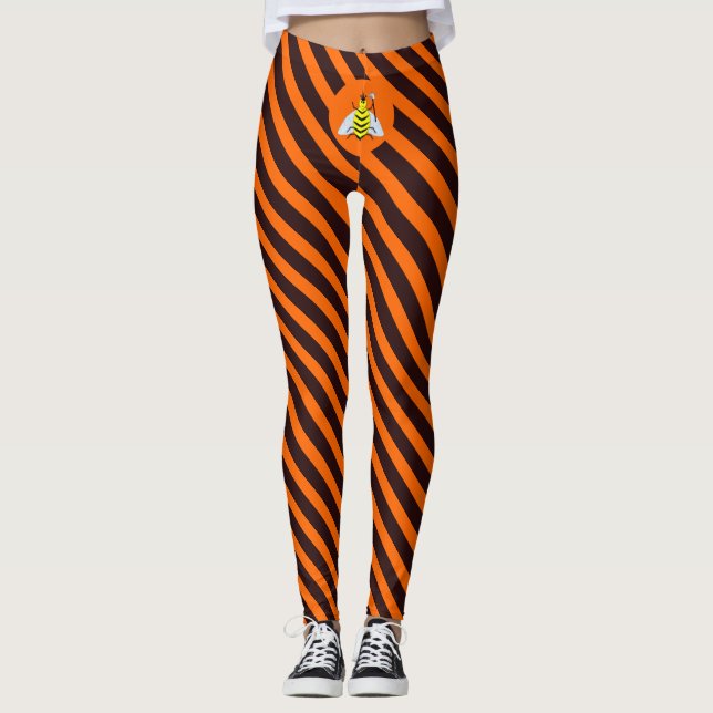 Halloween Magic Bee Witch Orange and Black Stripes Leggings (Front)