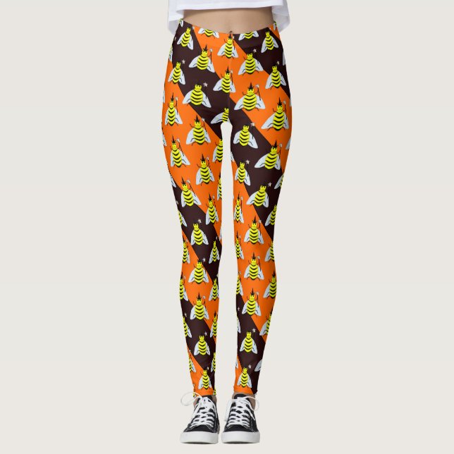 Halloween Magic Bee Witch Orange and Black Stripes Leggings (Front)