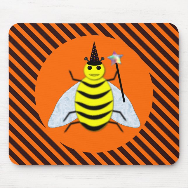Halloween Magic Bee Witch Orange and Black Stripes Mouse Pad (Front)
