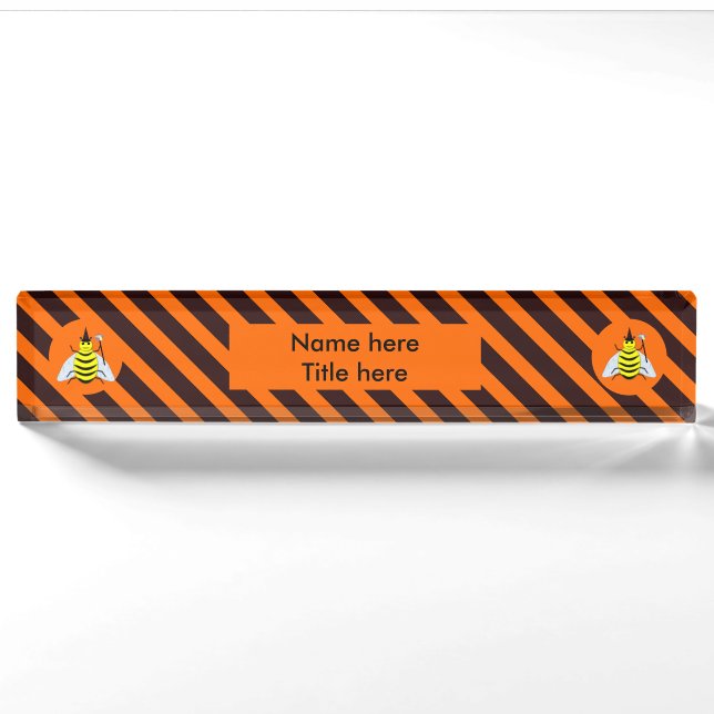 Halloween Magic Bee Witch Orange and Black Stripes Nameplate (Front)