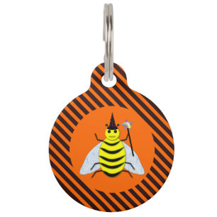 Halloween Magic Bee Witch Orange and Black Stripes Pet Tag
