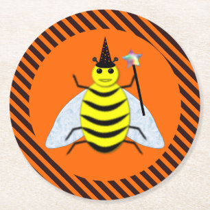 Halloween Magic Bee Witch Orange and Black Stripes Round Paper Coaster