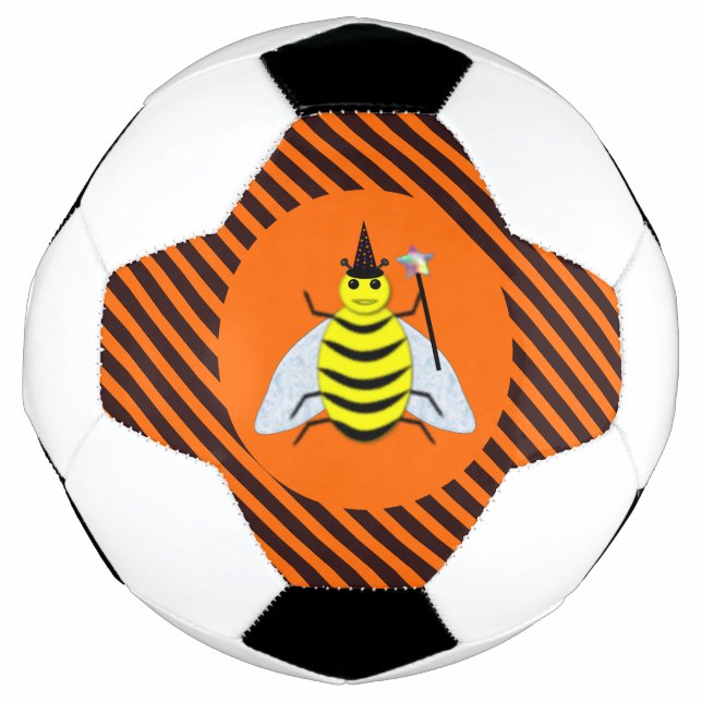 Halloween Magic Bee Witch Orange and Black Stripes Soccer Ball (Front)