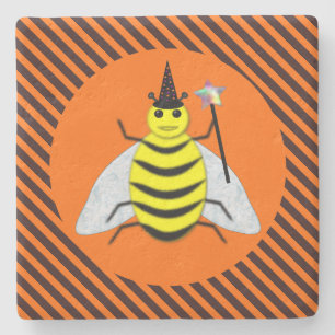Halloween Magic Bee Witch Orange and Black Stripes Stone Coaster