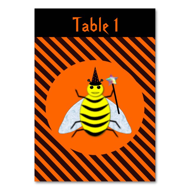 Halloween Magic Bee Witch Orange and Black Stripes Table Number (Front)