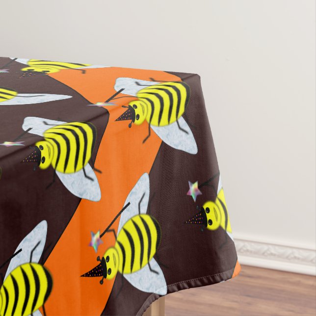Halloween Magic Bee Witch Orange and Black Stripes Tablecloth (In Situ)