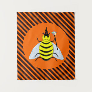 Halloween Magic Bee Witch Orange and Black Stripes Tapestry