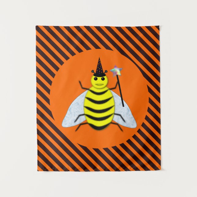 Halloween Magic Bee Witch Orange and Black Stripes Tapestry (Front)