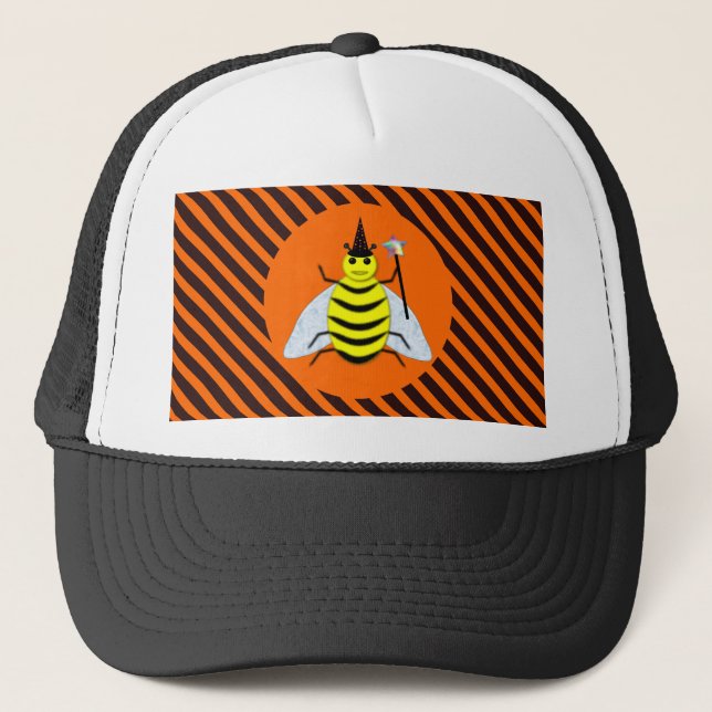 Halloween Magic Bee Witch Orange and Black Stripes Trucker Hat (Front)