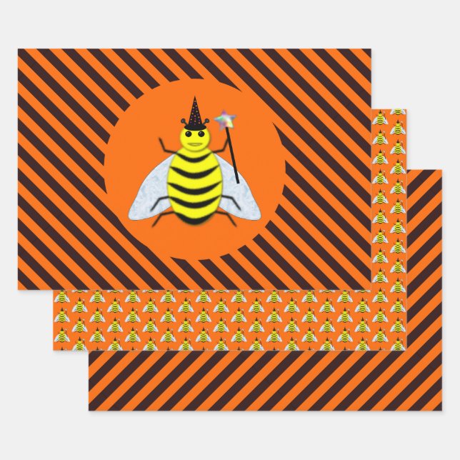 Halloween Magic Bee Witch Orange and Black Stripes Wrapping Paper Sheet (Set)