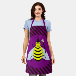 Halloween Magic Bee Wizard Purple and Black Stripe Apron