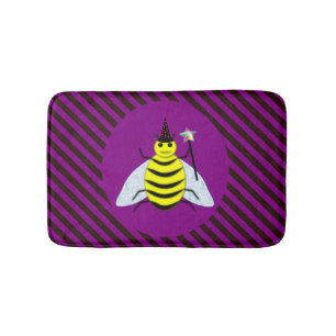 Halloween Magic Bee Wizard Purple and Black Stripe Bath Mat