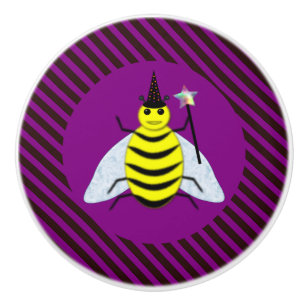 Halloween Magic Bee Wizard Purple and Black Stripe Ceramic Knob