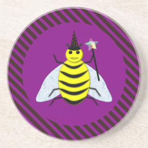 Halloween Magic Bee Wizard Purple and Black Stripe Coaster