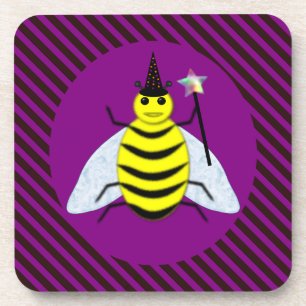 Halloween Magic Bee Wizard Purple and Black Stripe Coaster
