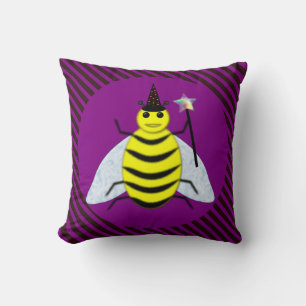 Halloween Magic Bee Wizard Purple and Black Stripe Cushion