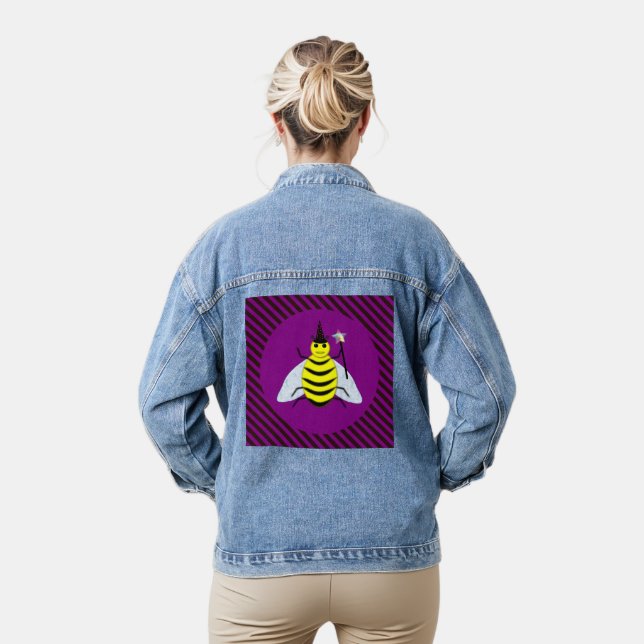 Halloween Magic Bee Wizard Purple and Black Stripe Denim Jacket (Model)