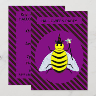 Halloween Magic Bee Wizard Purple and Black Stripe Invitation