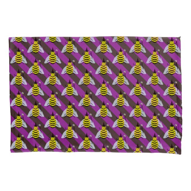 Halloween Magic Bee Wizard Purple and Black Stripe Pillowcase (Front)
