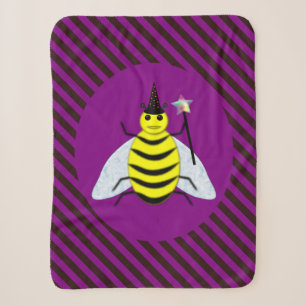 Halloween Magic Bee Wizard Purple and Black Stripe Sherpa Blanket