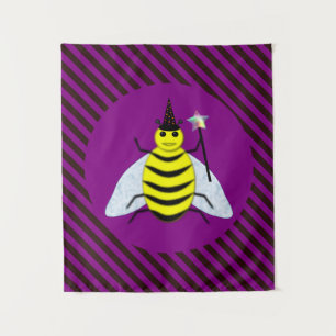 Halloween Magic Bee Wizard Purple and Black Stripe Tapestry