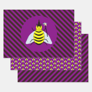Halloween Magic Bee Wizard Purple and Black Stripe Wrapping Paper Sheet