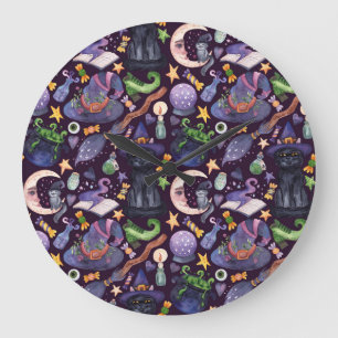 Halloween magic: dark hand-drawn pattern. large clock