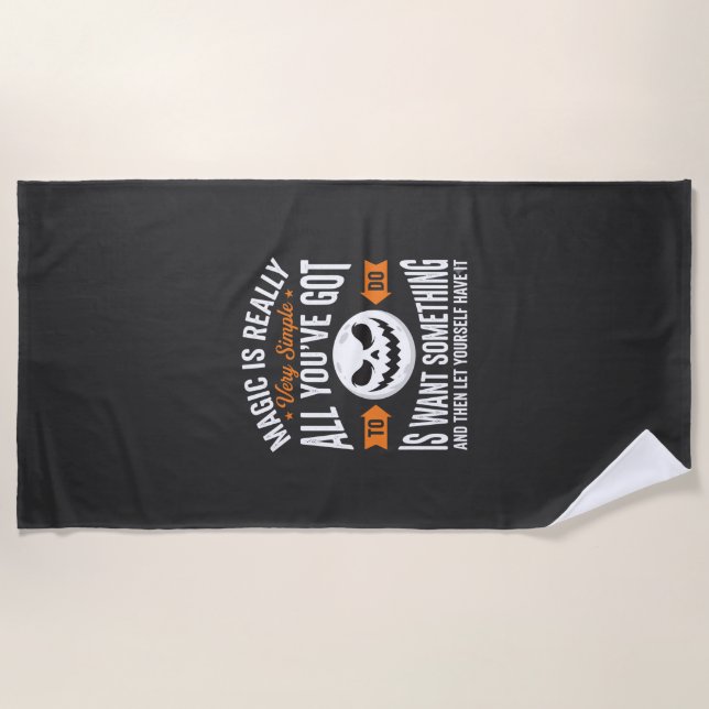 Halloween Magic Quote Pumpkin Face Design Beach Towel (Front)