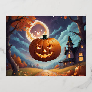 Halloween Magic Under the Moon Foil Holiday Postcard