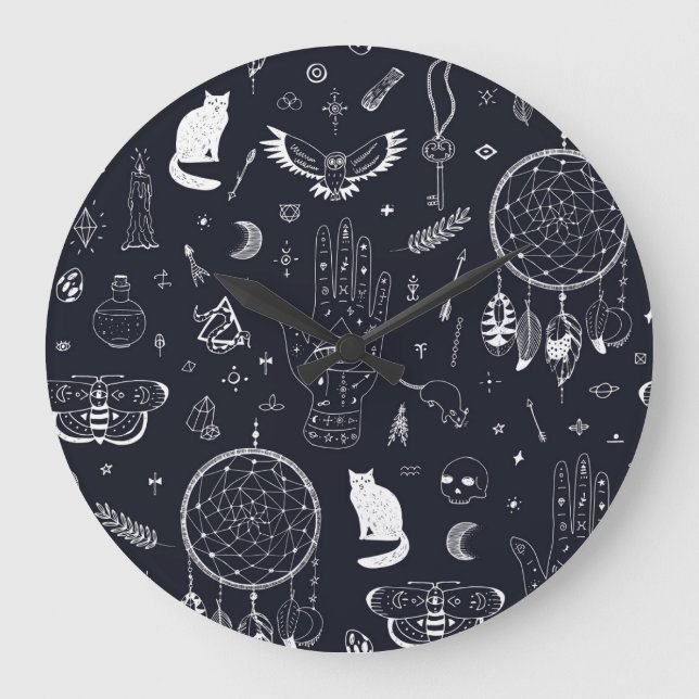 Halloween Magic: Vintage Doodle Pattern. Large Clock (Front)