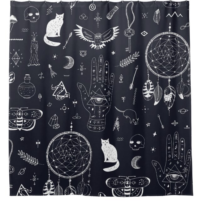 Halloween Magic: Vintage Doodle Pattern. Shower Curtain (Front)
