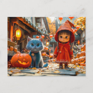 Halloween Magic with Pumpkins and Cat Holiday Postcard
